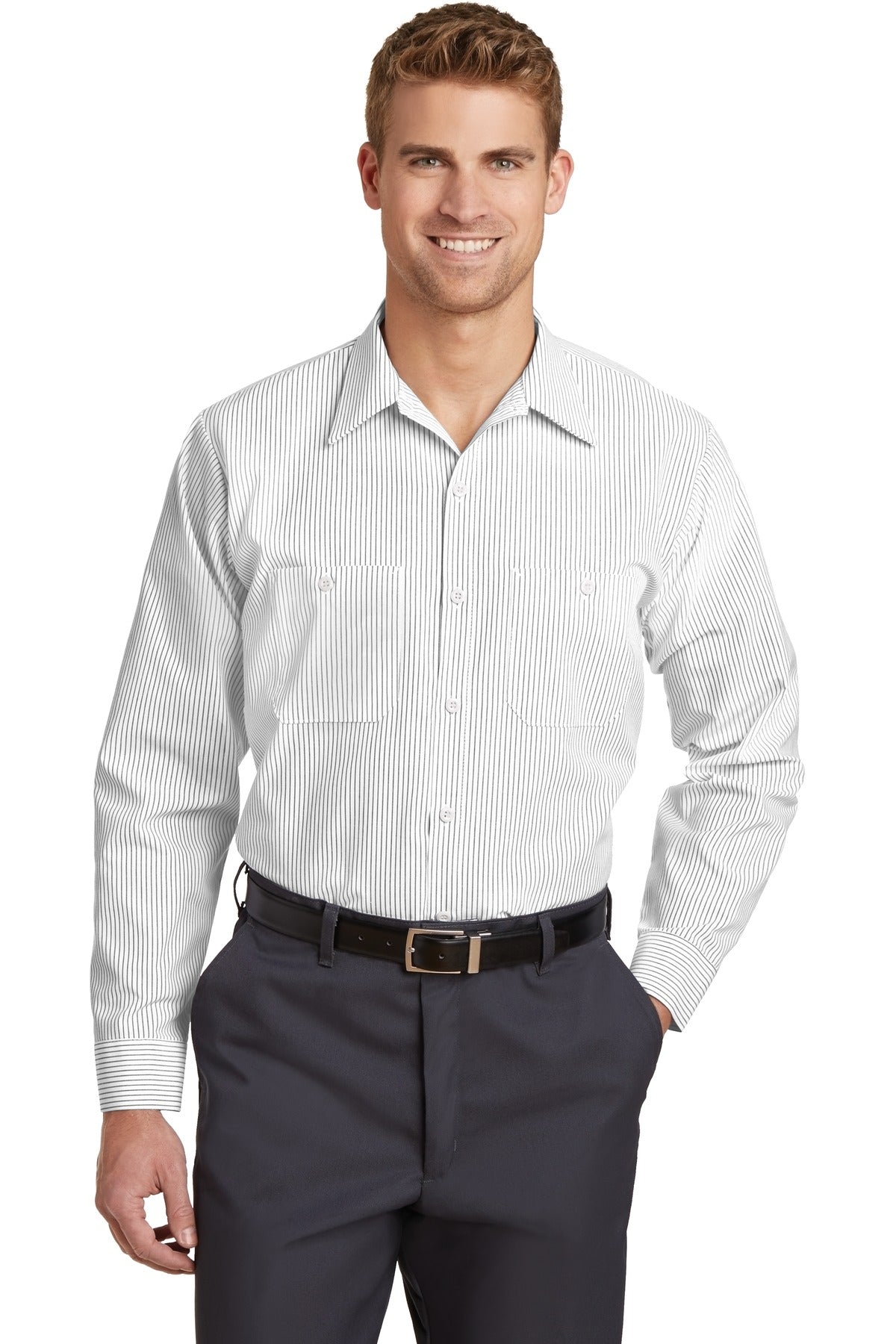 Red KapLong Sleeve Striped Industrial Work Shirt. CS10