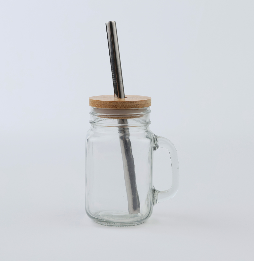 None MASONJARHANDLE 16 oz. Mason Jar Mug w/ Handle, Bamboo Lid and Steel Straw