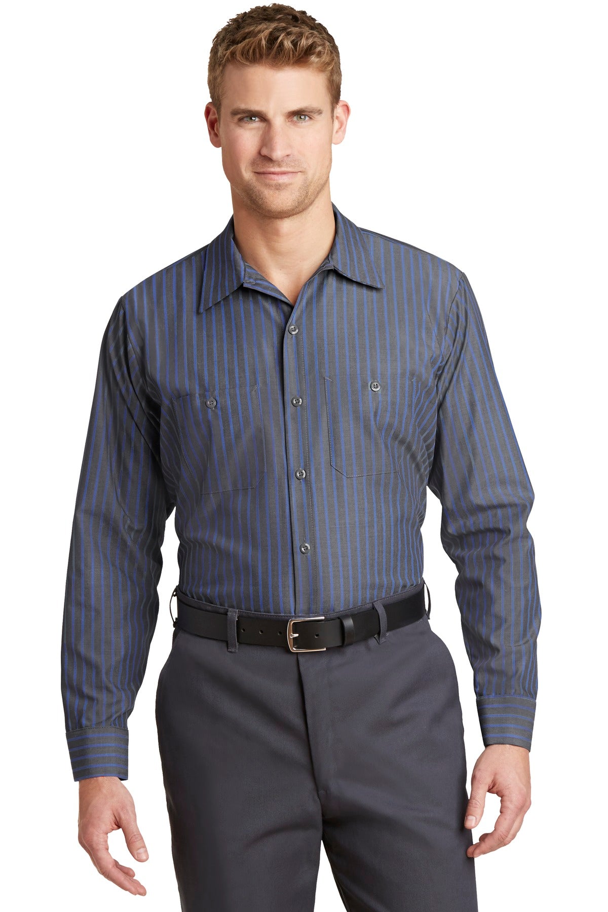 Red KapLong Size, Long Sleeve Striped Industrial Work Shirt. CS10LoNG